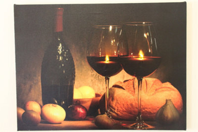 Garden Market Place Wine Bottle And Wine Glass Candles Christmas Canvas Picture Print With Led Lights