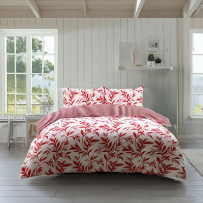 Duvet Cover And Pillowcase Set Reversible Leaf And Stripe Design Polycotton Bed Linen Red - image 1