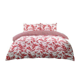 Duvet Cover And Pillowcase Set Reversible Leaf And Stripe Design Polycotton Bed Linen Red - thumbnail 2