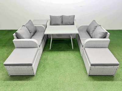 Fimous Rattan Garden Furniture Dining Set 8-Seater Patio Rectangular Table Love Sofa Set With Side Table 2 Big Stools - image 1