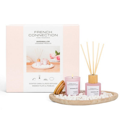 French Connection Giftset Candle, Wooden Plate,  Strawberry Prosecco