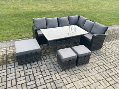 Fimous 9 Seater Garden Rattan Furniture Corner Sofa Dining Table Chair Set With 2 Small Footstools Outdoor Lounge Sofa Set - image 1