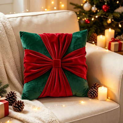 Amorly 18 X 18In Christmas Red Green Velvet Cushion Covers, Bow Design Throw Pillow Cases For Sofa Bed Decor, Inserts Not Included - image 1