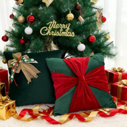 Amorly 18 X 18In Christmas Red Green Velvet Cushion Covers, Bow Design Throw Pillow Cases For Sofa Bed Decor, Inserts Not Included - thumbnail 3