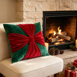 Amorly 18 X 18In Christmas Red Green Velvet Cushion Covers, Bow Design Throw Pillow Cases For Sofa Bed Decor, Inserts Not Included - thumbnail 6