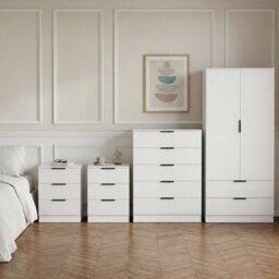 Lassic Vida Designs Trega 4 Piece Bedroom Set (3 Drawer Bedside Chest X2, 5 Drawer Chest, 2 Door 2 Drawer Wardrobe) White - thumbnail 1