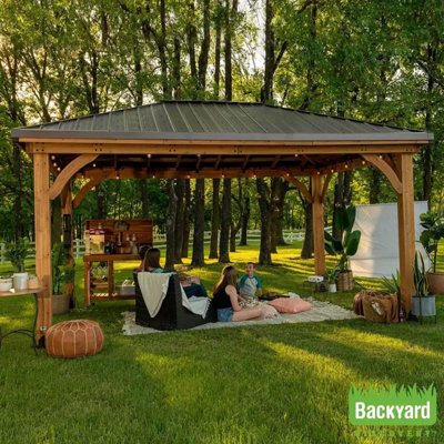 Backyard Discovery Barrington Wooden Gazebo 14X12Ft Cedar Frame Steel Roof Powerport Usb Weather Resistant Garden - image 1