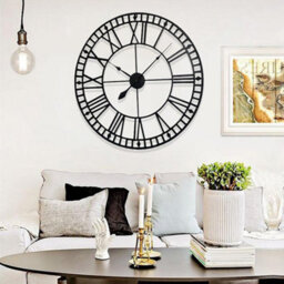 Large Metal Skeleton Wall Clock Big Giant Roman Numerals Round Clocks Black - thumbnail 1