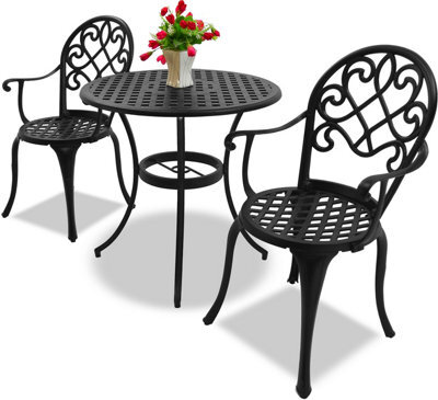 Homeology Prego Black Outdoor Garden Table And 2 Large Chairs With Armrests Cast Aluminium Bistro Set - image 1