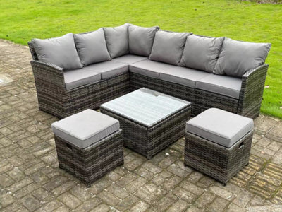 Fimous High Back Dark Mixed Grey Rattan Corner Sofa Set Outdoor Furniture Square Coffee Table 2 Small Footstools 8 Seater - image 1