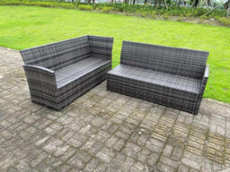 Fimous High Back Dark Mixed Grey Rattan Corner Sofa Set Outdoor Furniture Square Coffee Table 2 Small Footstools 8 Seater - thumbnail 3