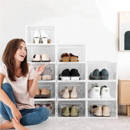12Pk Clear Plastic Stackable Shoe Storage Boxes Rack - thumbnail 4
