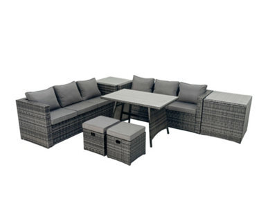 Fimous Rattan Dining Table Sofa Set With 2 Side Tables Small Footstool Outdoor Garden Furniture Set Dark Grey Mixed - image 1