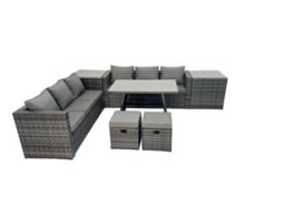 Fimous Rattan Dining Table Sofa Set With 2 Side Tables Small Footstool Outdoor Garden Furniture Set Dark Grey Mixed - thumbnail 2