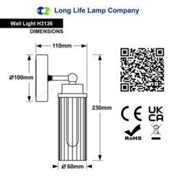 Long Life Lamps Company Ribbed Glass Single Wall Light Polished Chrome Slim Side Ip44 H3136 - thumbnail 2