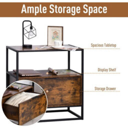 Industrial-Style Side Table W/ Drawer Open Shelf Steel Frame Base Retro - thumbnail 4