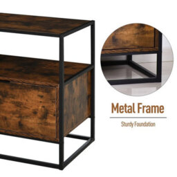 Industrial-Style Side Table W/ Drawer Open Shelf Steel Frame Base Retro - thumbnail 3