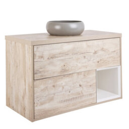 Homestylestore Light Oak 1000mm Wall Hung Bathroom Vanity Unit With Round Pebble Countertop Basin - thumbnail 1