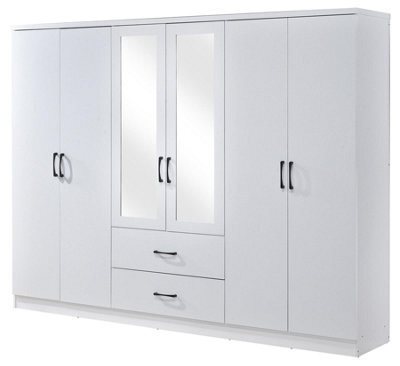 Swish Furniture White 6 Door 2 Drawer Mirrored Wardrobe Black Handles Paddington Clothes Rail - image 1