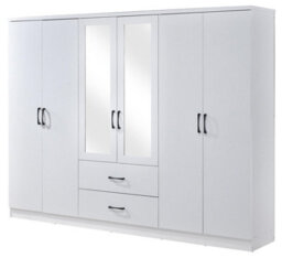 Swish Furniture White 6 Door 2 Drawer Mirrored Wardrobe Black Handles Paddington Clothes Rail