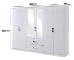Swish Furniture White 6 Door 2 Drawer Mirrored Wardrobe Black Handles Paddington Clothes Rail - thumbnail 4