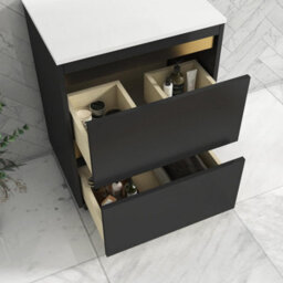 Royal Bathrooms Orion 600mm Hale Black Floor Standing Plain White Countertop Vanity Unit 2 Drawer With Nova Basin & Brushed Brass Accent Trim - thumbnail 4