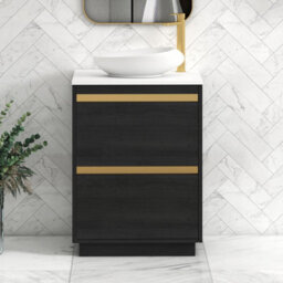 Royal Bathrooms Orion 600mm Hale Black Floor Standing Plain White Countertop Vanity Unit 2 Drawer With Nova Basin & Brushed Brass Accent Trim