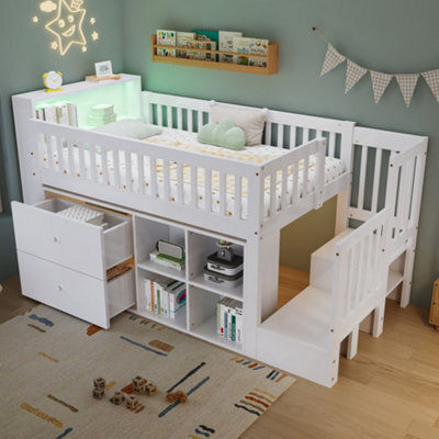 Btm 3Ft Wooden Storage Bed 90X190Cm, With Colourful Led Strips, 2 Drawers   Compartments, Pine Mdf, White - image 1