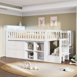 Btm 3Ft Wooden Storage Bed 90X190Cm, With Colourful Led Strips, 2 Drawers   Compartments, Pine Mdf, White - thumbnail 6