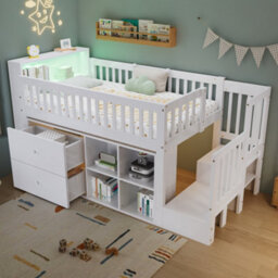 Btm 3Ft Wooden Storage Bed 90X190Cm, With Colourful Led Strips, 2 Drawers   Compartments, Pine Mdf, White - thumbnail 1