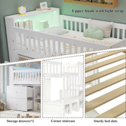 Btm 3Ft Wooden Storage Bed 90X190Cm, With Colourful Led Strips, 2 Drawers   Compartments, Pine Mdf, White - thumbnail 9