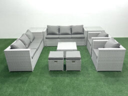 Fimous Outdoor Rattan Sofa Garden Furniture Set 2 Armchairs Square Coffee Table 2 Small Stools 2 Side Tables Light Grey - thumbnail 2