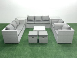 Fimous Outdoor Rattan Sofa Garden Furniture Set 2 Armchairs Square Coffee Table 2 Small Stools 2 Side Tables Light Grey - thumbnail 1
