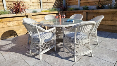 Signature Weave Rose Wicker 6 Seater Round Dining Table Arm Chair Set White - image 1