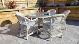 Signature Weave Rose Wicker 6 Seater Round Dining Table Arm Chair Set White - thumbnail 1