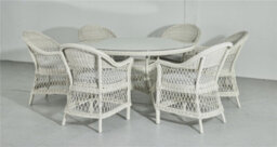 Signature Weave Rose Wicker 6 Seater Round Dining Table Arm Chair Set White - thumbnail 3