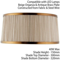 "13"" Luxury Round Tapered Lamp Shade Beige Pleated Organza Fabric & Antique Brass" - thumbnail 2