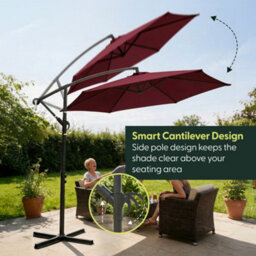 Keplin 3M 6 Ribs Cantilever Garden Parasol Umbrella With Crank Handle & Cover, Uv Resistant, Water-Repellent Polyester,  Dark Red - thumbnail 3