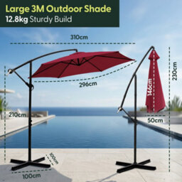 Keplin 3M 6 Ribs Cantilever Garden Parasol Umbrella With Crank Handle & Cover, Uv Resistant, Water-Repellent Polyester,  Dark Red - thumbnail 8