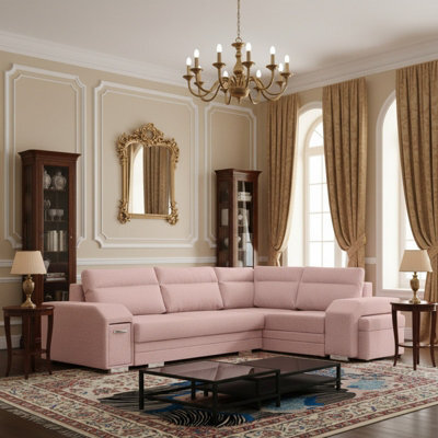 Alvares Living Room Corner Sofa Bed With Sleeping Function Upholstered Back 2 Storage 305X205X90Cm Pink Right - image 1