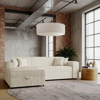 Santos L Corner Sofa Bed For Living Room Chipboard Frame Polyurethane Foam 253X166X79Cm Cream Left - image 1