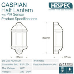 Hispec Outdoor Half Lantern Wall Light With Pir Sensor - thumbnail 2