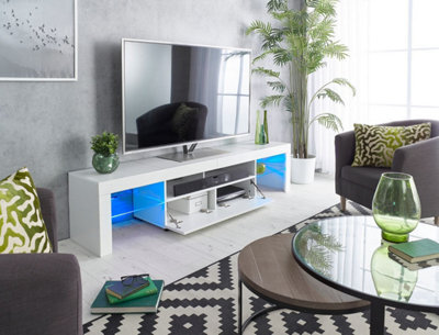 MMT Funiture Designs Modern White 200Cm Matt Gloss Tv Stand Cabinet Suitable For 55 - 80 Inch 4K Led Flat Screen Tv's Glass Shelves - image 1