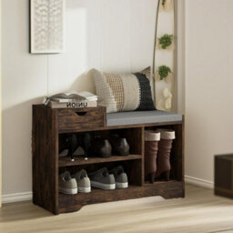 Pirlo Plush Industrial Shoe Storage Bench With 3 Open Shelves Rustic Brown - thumbnail 2
