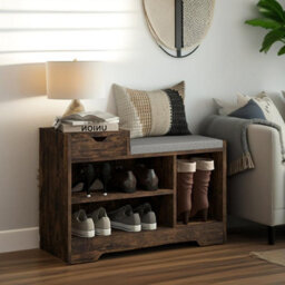 Pirlo Plush Industrial Shoe Storage Bench With 3 Open Shelves Rustic Brown - thumbnail 5