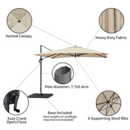 Living And Home 3M Large Square Canopy Rotatable Tilting Garden Rome Umbrella Cantilever Parasol With Square Fillable Base, Beige - thumbnail 4