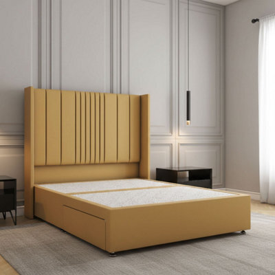 REGIONAL FURNISHINGS Mustard Plush Velvet Divan Bed Set Upholstered 54Inch Headboard 2Drawers Footend & No Mattress In Double King 4Ft 6Ft Sizes - image 1