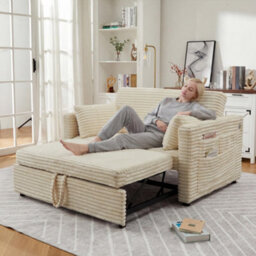 London Boutique Beige 2 Seater Pull Out Sofa Bed 124X95Cm, 3 In 1 Convertible Guest Bed, Usb-C Port,adjustable Backrest And Wheels - thumbnail 3