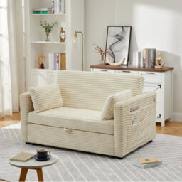 London Boutique Beige 2 Seater Pull Out Sofa Bed 124X95Cm, 3 In 1 Convertible Guest Bed, Usb-C Port,adjustable Backrest And Wheels - thumbnail 2