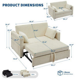 London Boutique Beige 2 Seater Pull Out Sofa Bed 124X95Cm, 3 In 1 Convertible Guest Bed, Usb-C Port,adjustable Backrest And Wheels - thumbnail 4